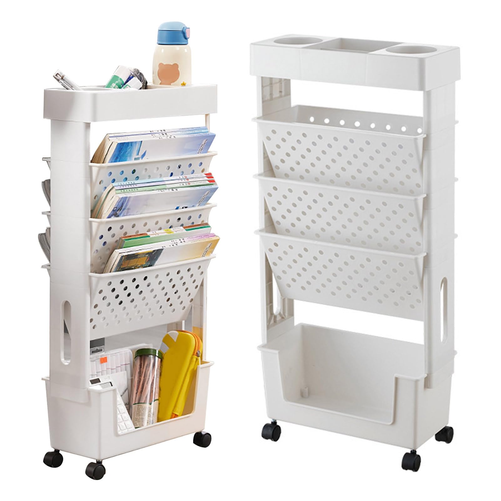 Bibliothèque mobile à 5 niveaux avec roulettes verrouillables, étagères roulantes, chariot utilitaire pour livres, documents, maison, bureau, salle de classe, organisation de rangement, blanc