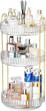 GTI 360Rotating Makeup Organizer, 3 Tier Large Capacity Perfume Cosmetics Skincare Vanity Organizers,Bathroom Counter Organizer, Dresser Spinning Countertop Organizer and Storage for Women Clear