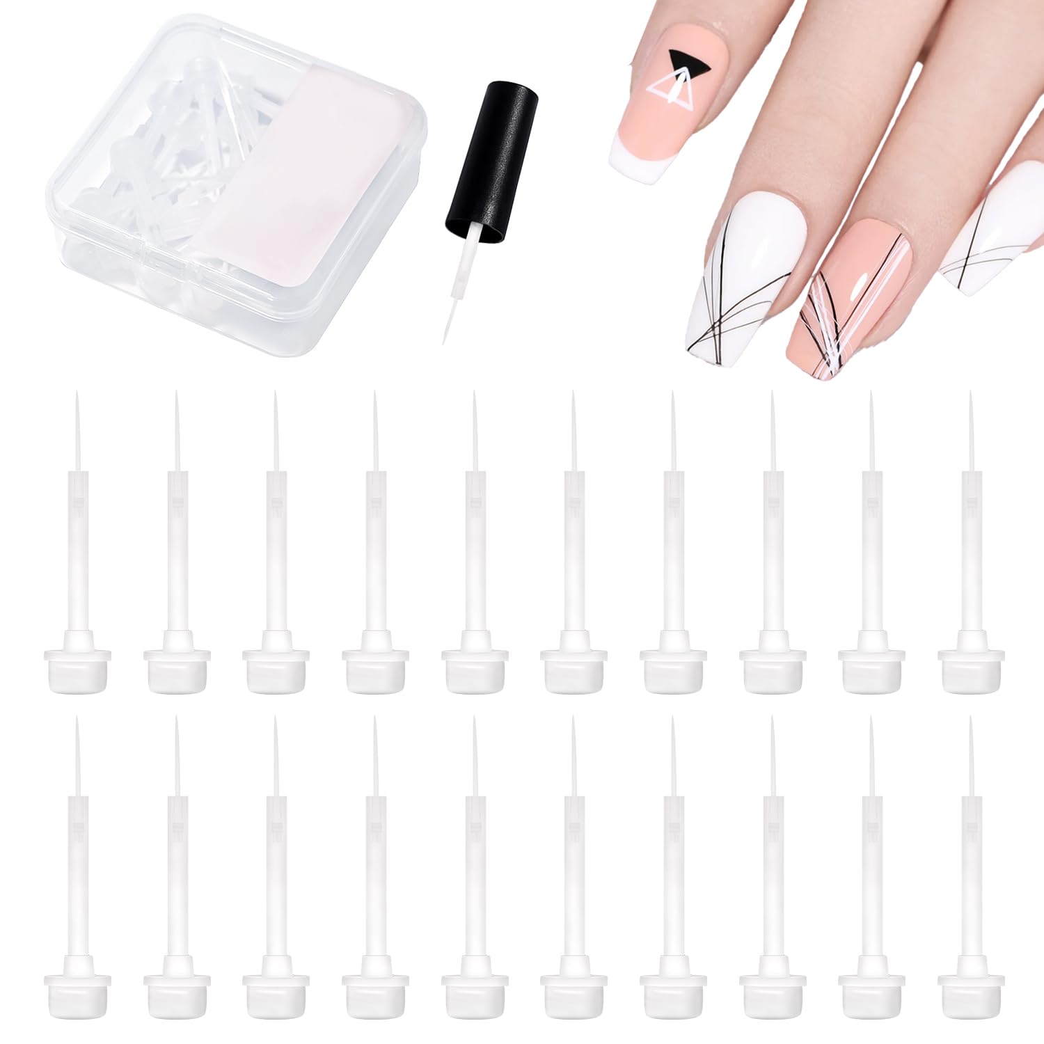 WOKOTO 20 PCS Liner Nail Polish Brush Replacement Head With a Cap Kit - Nail Liner Brush Tip Replace Head For Nail Polish Gel Nail Soft Liner Brush Head Liquid Nail Brushes Fingernail Brush KIT1