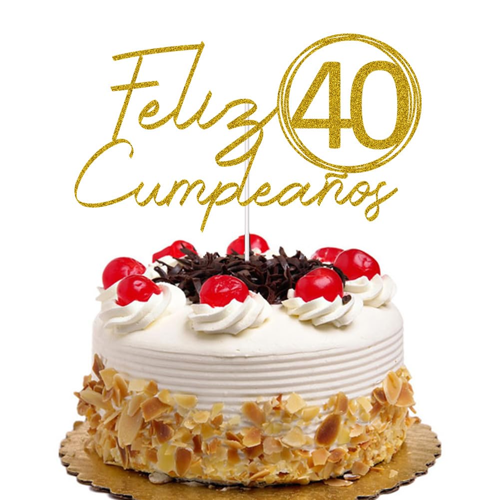 Feliz 40 Cumpleaños Cake Topper - Spanish Happy 40th Birthday Cake Decor, Fiesta Theme Birthday Party Decoration Supplies, Gold Glitter