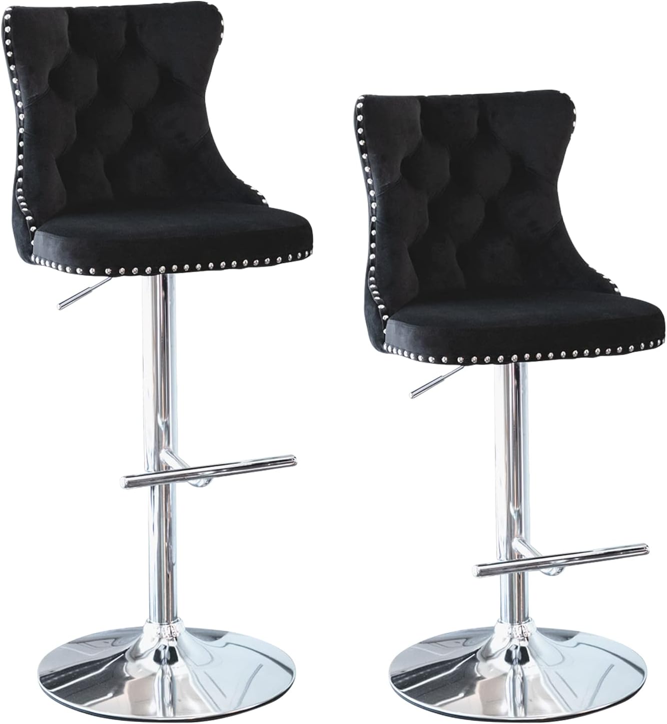 Swivel Bar Stools Set of 2, Adjustable Counter Height Bar Stools, Velvet Barstools with Back and Silver Footrest, Modern Upholstered Bar Chairs for Kitchen Island Home Bar Dining Room (Black)
