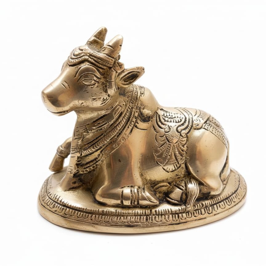 Image of Brass Nandi Bull Statue, Golden, Pure Brass, 11cm x 9cm, Traditional Finish, Vastu Remedy Idol for Home Temple