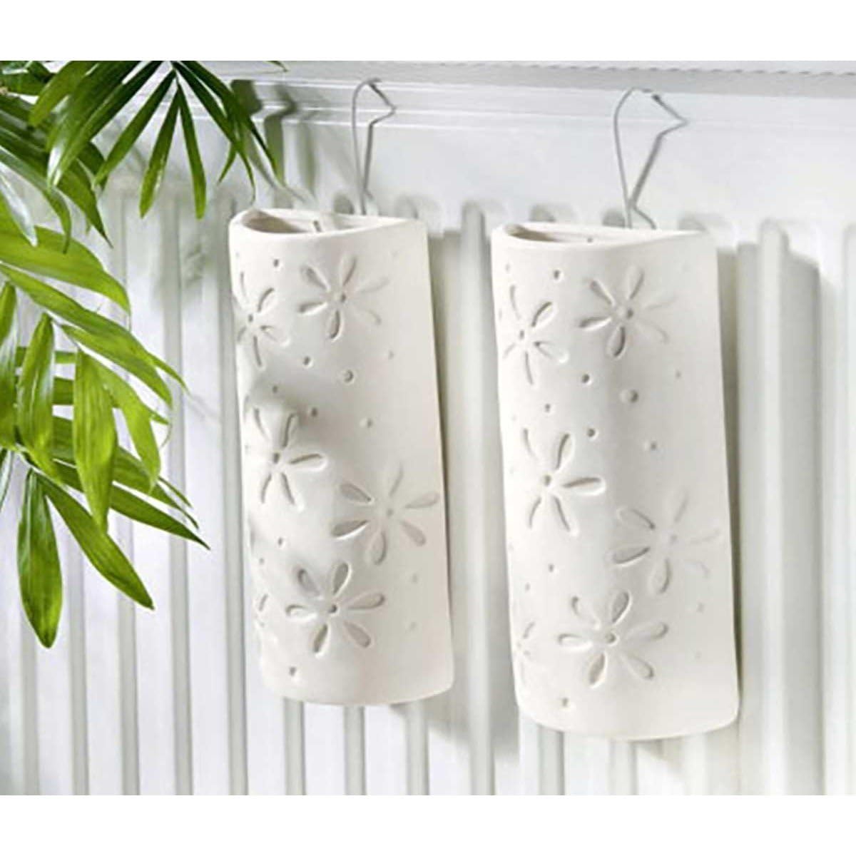 Astuceo Saturateur en Céramique - Lot de 2 - Faïence Blanche - Motifs Fleurs - H