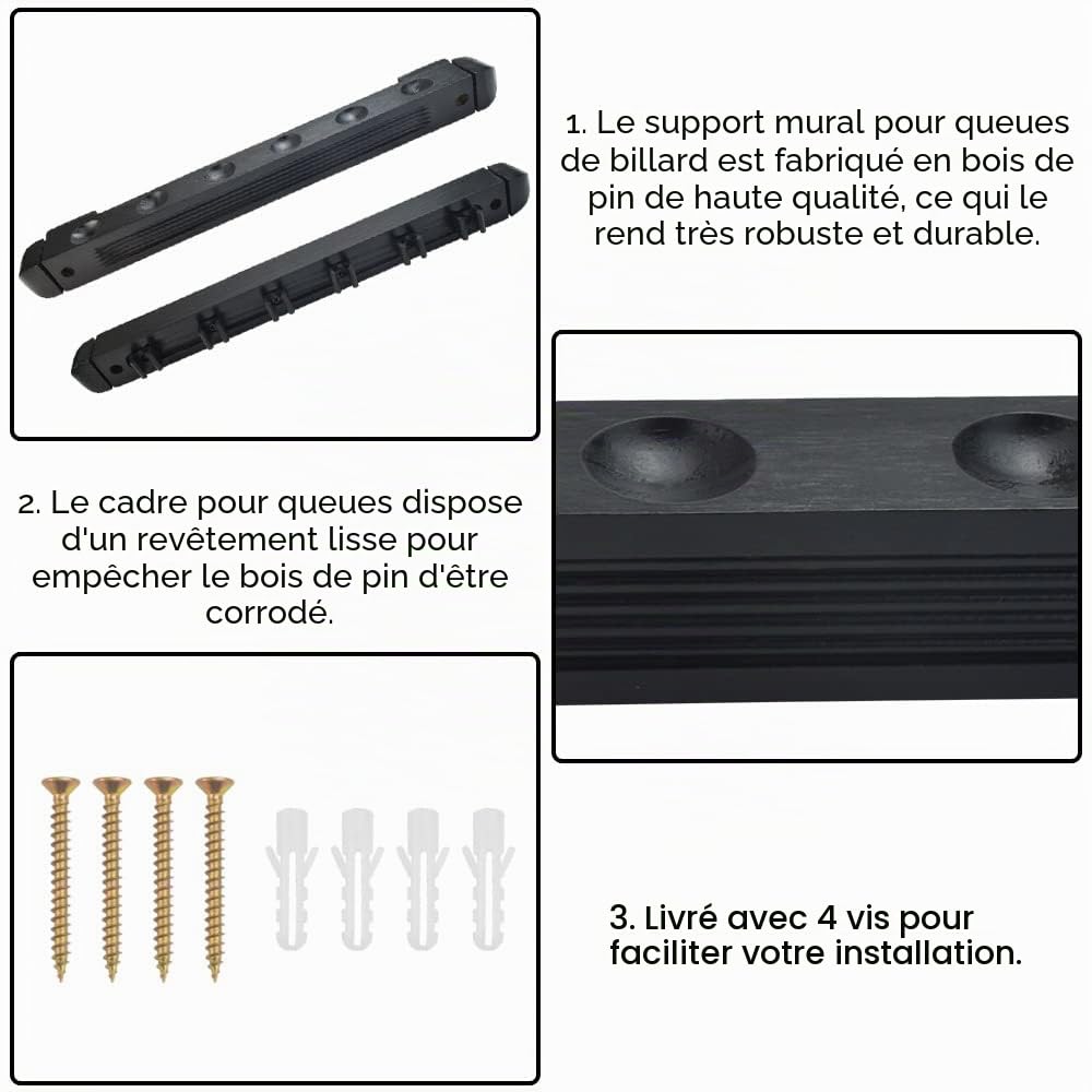 2 PCS Support de Queue de Billard en Bois et Plastique 39cm Support Billard Lisser Pratique Porte Queues 6 Trous Anticasse avec 4 Vis pour Club House Salle Familiale Salle de Billard Bar