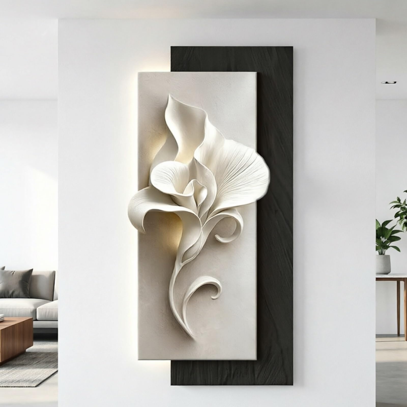 Modern 3D Layered Sandstone Texture LED flowers Wall Art Decor, Minimalist Abstract flowers Sculpture Decor Borderless with Warm Backlight for Bedroom Entrance Foyer(C,40*80cm/15.7*31.5in)
