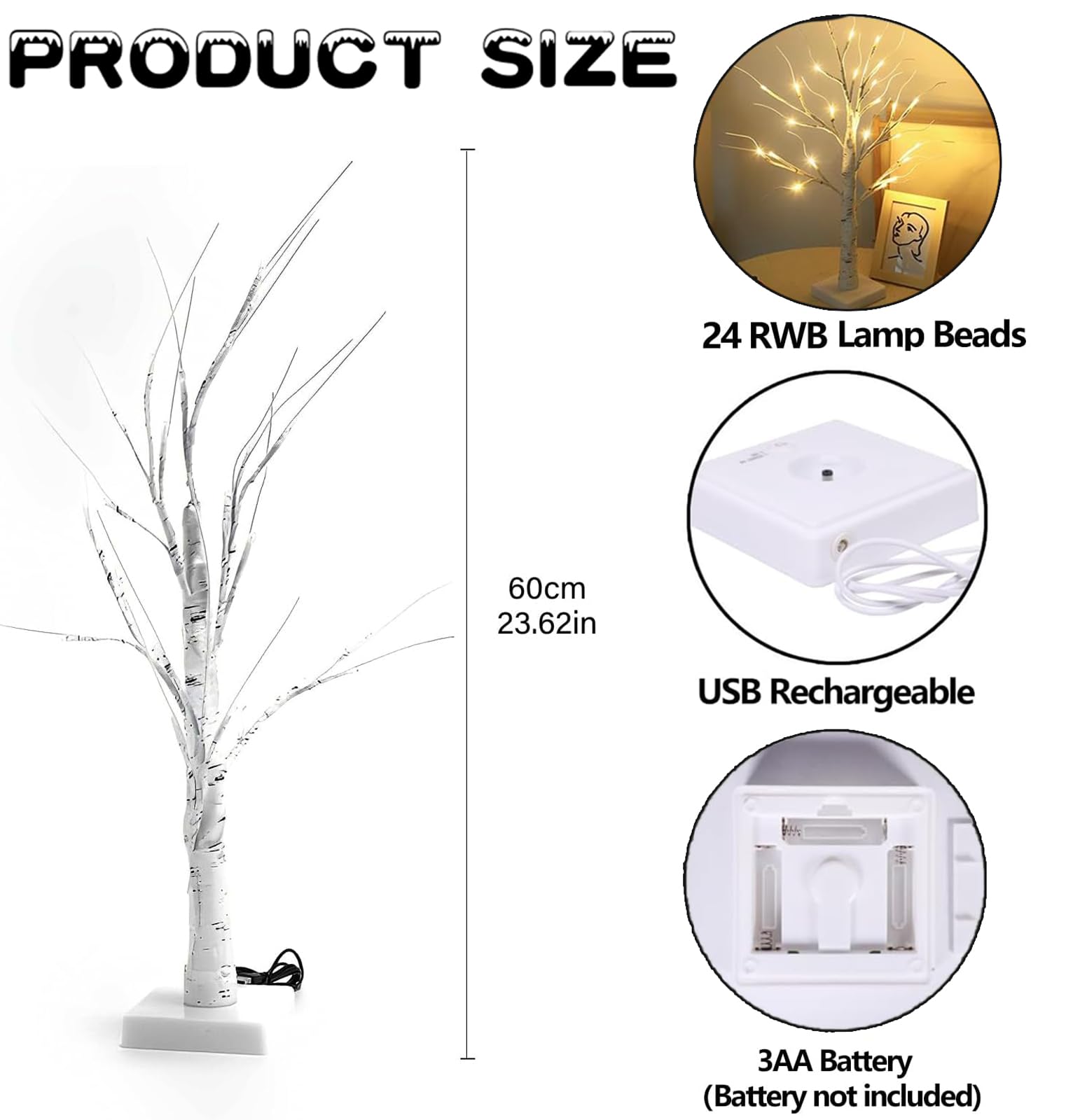 Albero di Betulla con Luci LED, 60cm/2ft LED Luci Albero Decorativo per Interni con 24 Luci a Led Bianco Caldo, Batteria/USB Artificiale LED Albero di Betulla per Natale Festa Pasqua Nozze Decor