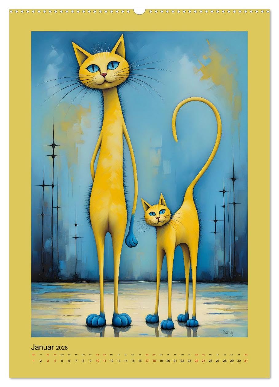 Buntes Katzenvolk (hochwertiger Premium Wandkalender 2026 DIN A2 hoch), Kunstdruck in Hochglanz: Humorvolle, skurrile Bilder von farbenfrohen Katzen ... kunstvoll in Szene gesetzt (CALVENDO Kunst)