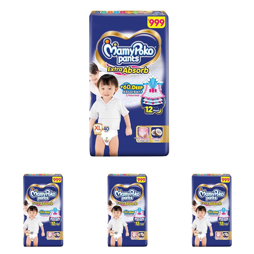 MamyPoko Pants Extra Absorb Baby Diapers, Extra Large (XL Size) | 12-17 kg | 40 Count |Deep Sleep Diapers| Soft Gentle fit |Deep Absorbent Crisscross | Skin Friendly with Coconut Oil | (Pack of 4)-image-25