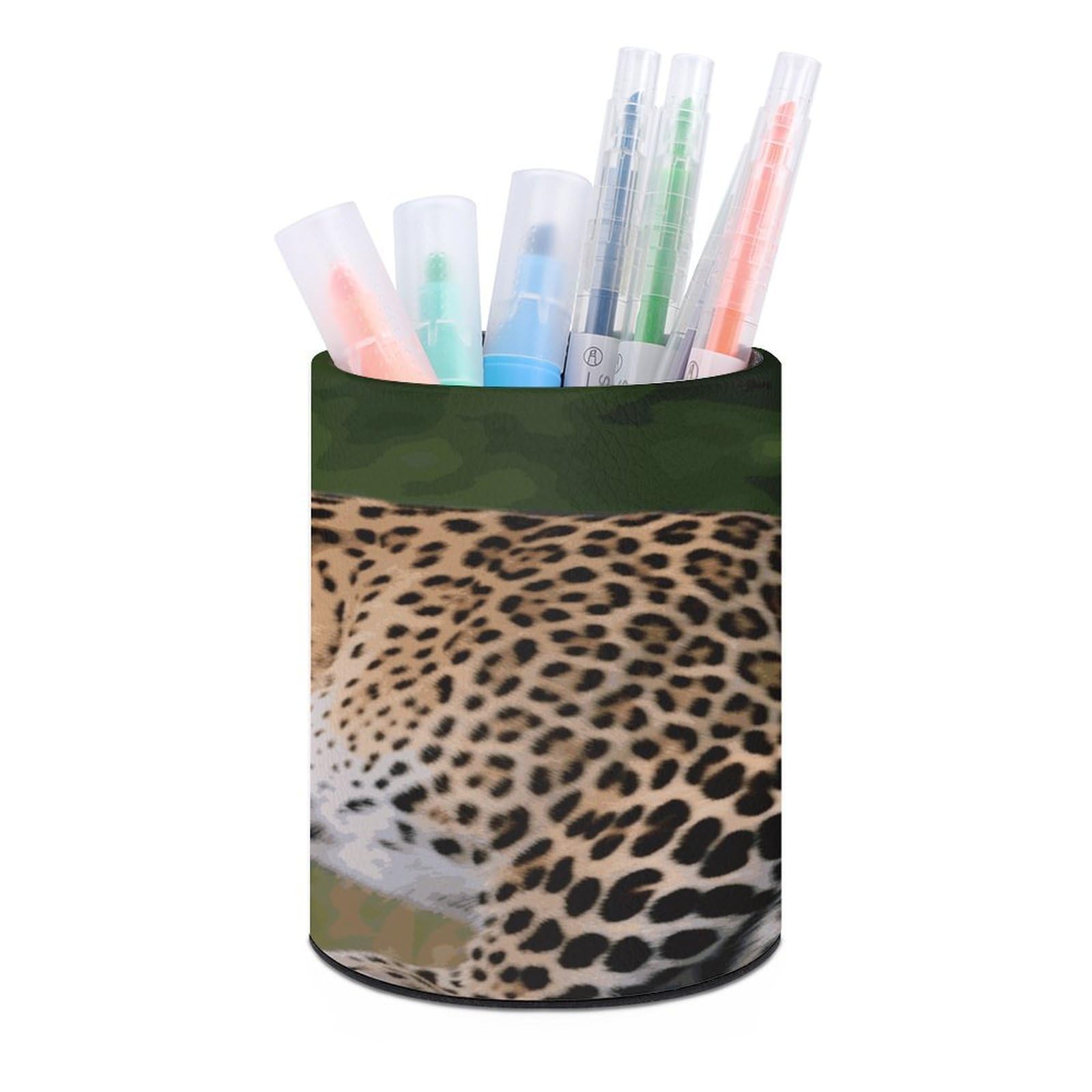 VstaDank African Leopard Pen Holder Round Pencil Holder Cup Pen Container PU Leather Desk Organizer Stand Decorative Brush Scissor Holder Decoration Office Desk Home (3.1 x 3.9 inch)