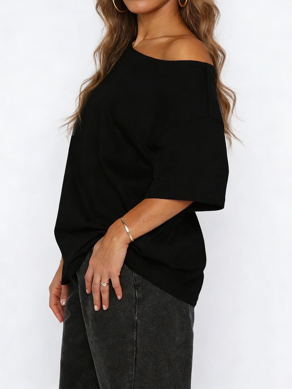 HAWILAND Off Shoulder damska koszulka oversize, z odkrytymi ramionami, elegancka koszulka z krótkim rękawem, długa koszulka z rękawami nietoperza