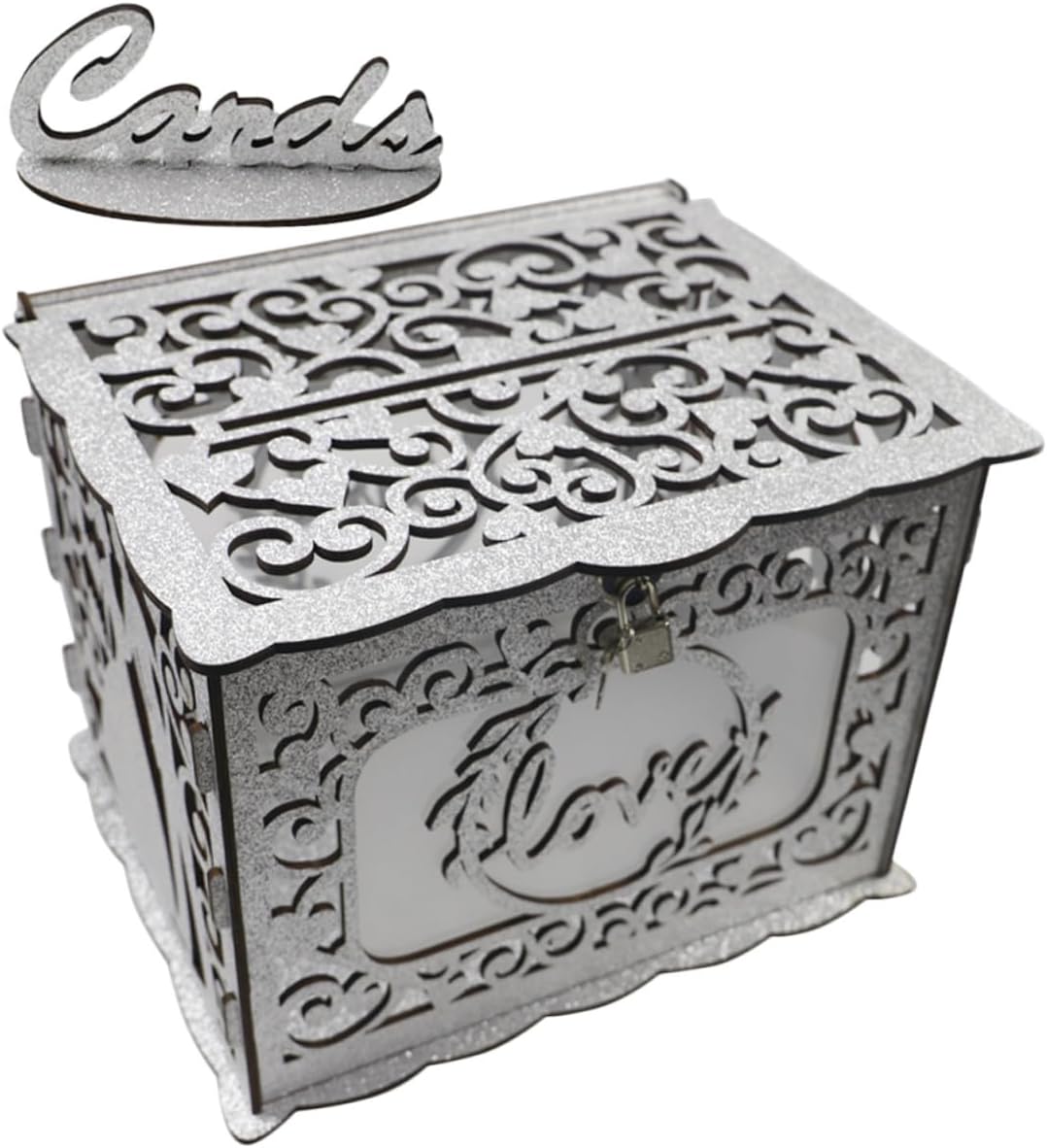 Cabilock Wooden Wedding Reception Card Box Hollow Glitter Card Holder Storage Box for Anniversary Birthday Party