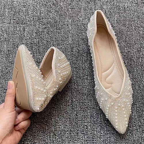 Women's Ballet Flats Glitter Casual Dressy Shoes Pointed Toe Bridal Flats Work Flats Office Shoes with Pearls2