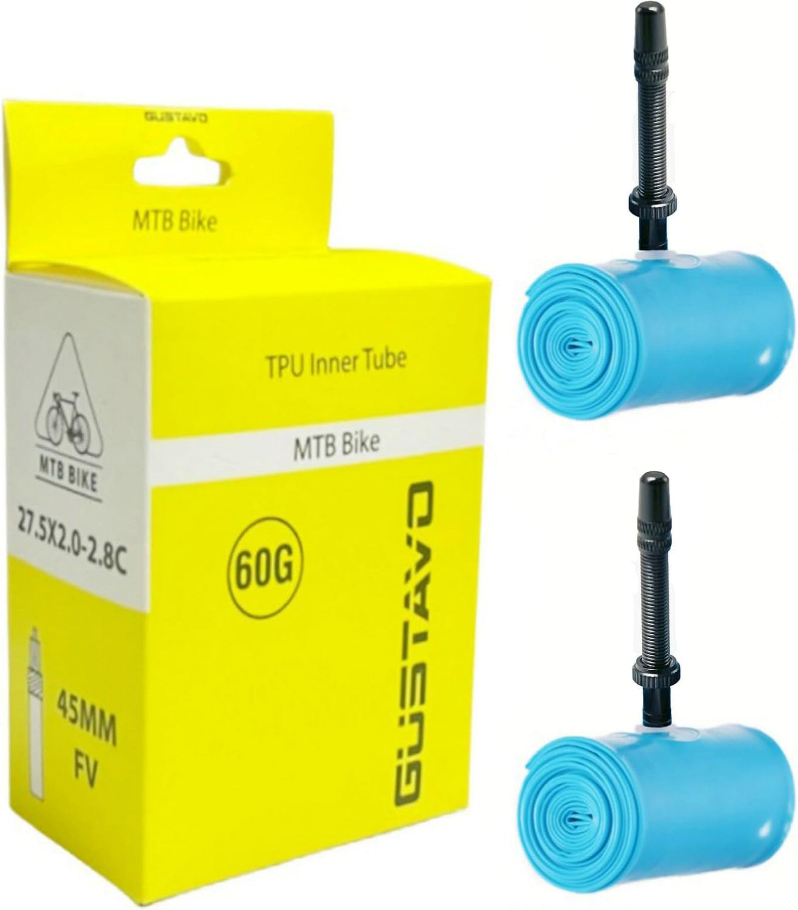 Gustavo - Paquete de 2 tubos interiores ultraligeros de TPU para bicicleta de 26/27.5/29 x 2.0-2.8 para bicicletas de montaña MTB, neumático de TPU de grava, repuesto de tubo de válvula francesa de 45