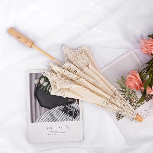 Vista 6 de DENPETEC Sombrilla de encaje vintage para boda novia fotografía de boda novia rendimiento de escenario para mujer beige L