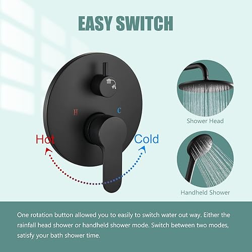 Miniatura 6 de Juego de grifo de ducha montado en la pared negro mate para baño con válvula de equilibrio de presión, cabezal de ducha de lluvia de 10 pulgadas y