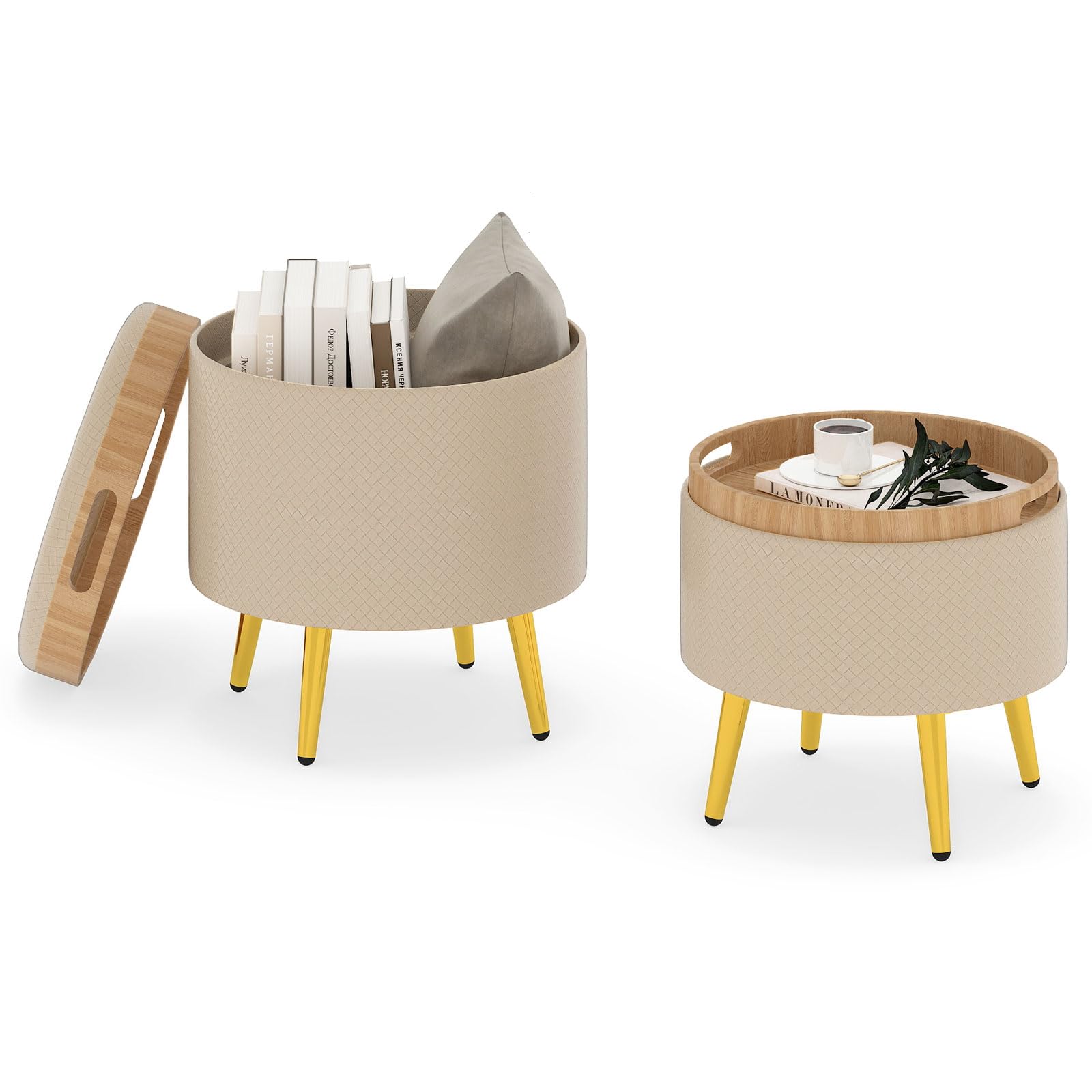 COSTWAY Juego de 2 Puff Almacenaje 23L + 6L, Taburete Tocador Redondo de Piel Sintética con Bandejas de Tapa Abatible, Patas Metálicas Doradas, Mesita Auxiliar y Reposapies en uno para Entrada, Salón