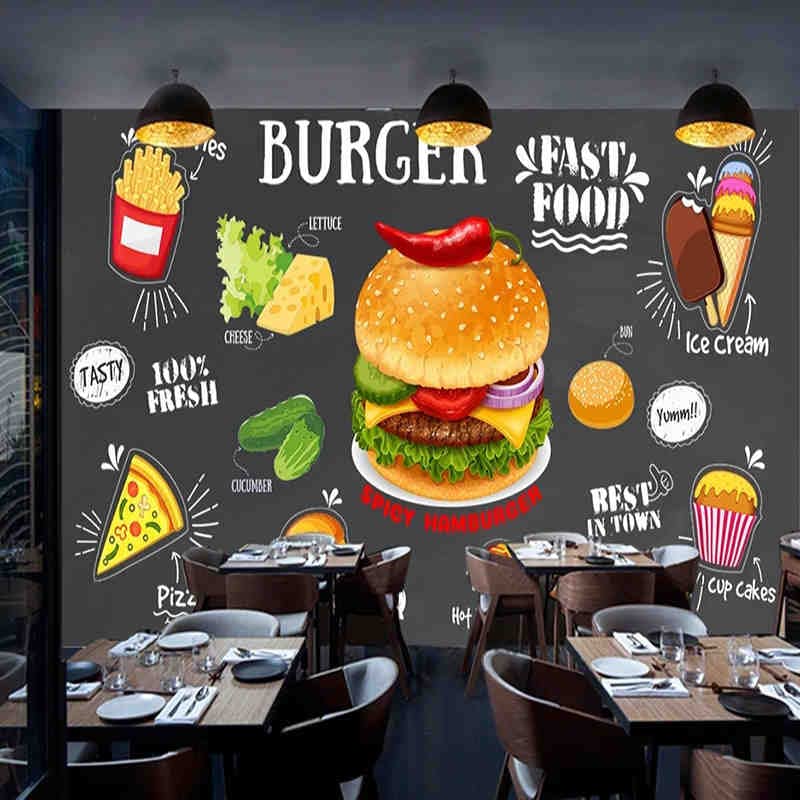 Papel pintado personalizado Retro pared negra pollo frito hamburguesa cartel gourmet restaurante cocina foto pared Mural Papel De pared 3D