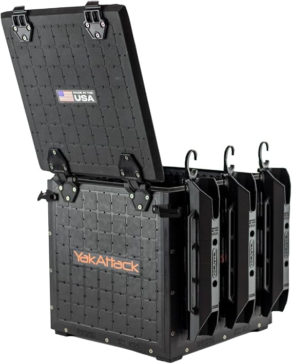 YakAttack BlackPak Pro 13 x 13 Fishing Crate with 3 Rod Holders - Black | Compact Tackle Storage Box & Gear Organizer for Kayaks | Lightweight, Durable & Customizable Marine Accessory | Made in USA