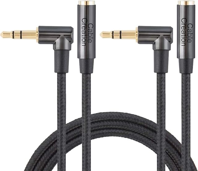 CableCreation 3.5mm Headphone Extension Cable, Right Angle 3.5mm Male to Female Audio Stereo Cable with Silver-Plating Copper Compatible with iPhones, iPad, Beats, PS4 Headset, 2-Pack,3FT/90CM