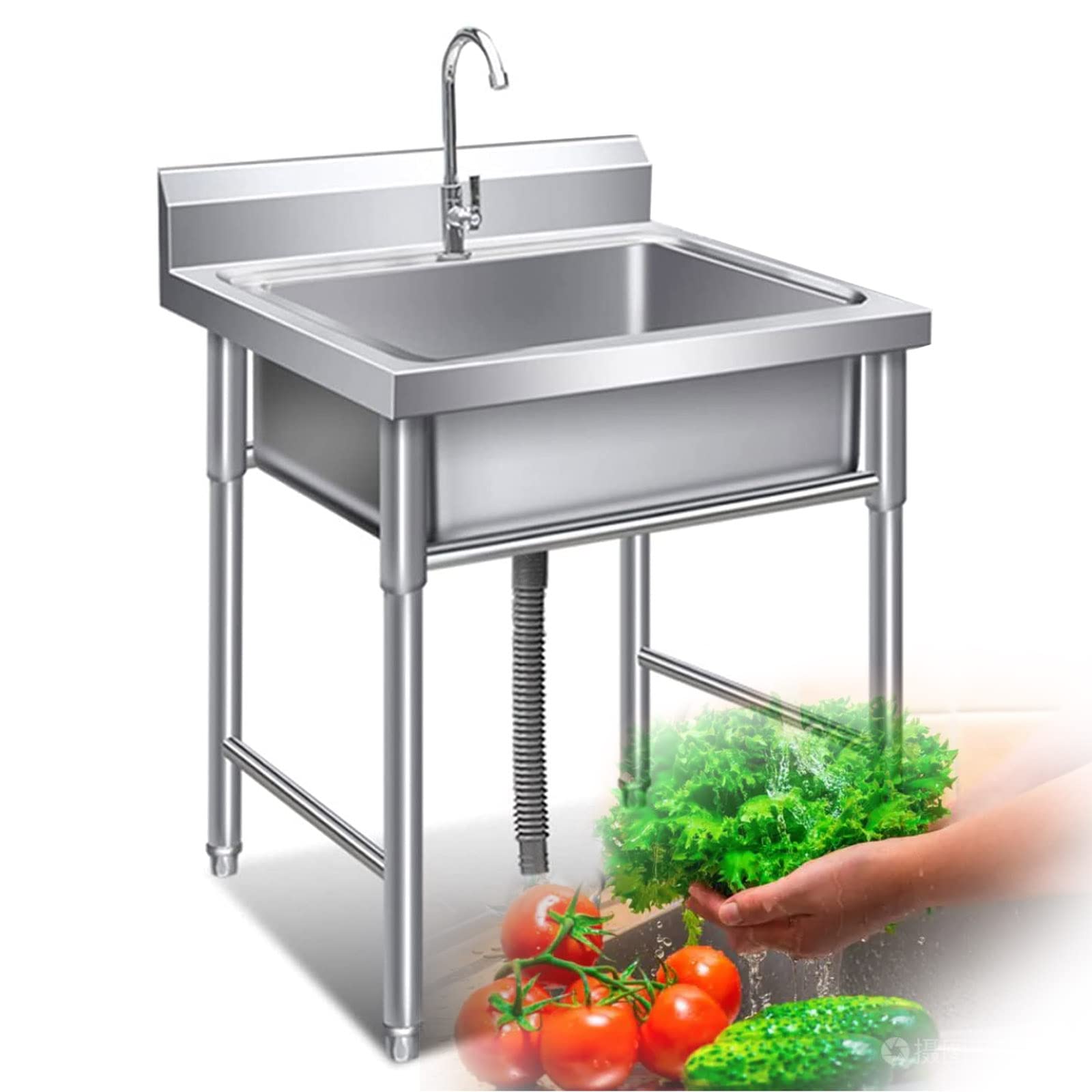 LMYSXAOZ 304 Stainless Steel Commercial Restaurant Kitchen Sink Single Bowl Washing Hand Basin Free Standing w/No Lead Faucet Utility for Indoor Outdoor Laundry,Garage 19.7in,23.6in