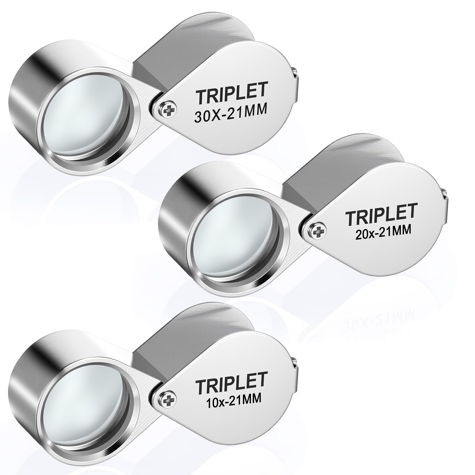 3 Pcs Jewelers Eye Loupe Set, 10X 20X 30X Pocket Jewelry Magnifier, Folding Design, Optical Glass Lens, Zinc Alloy Body, For Gems Coins Stamps Watches