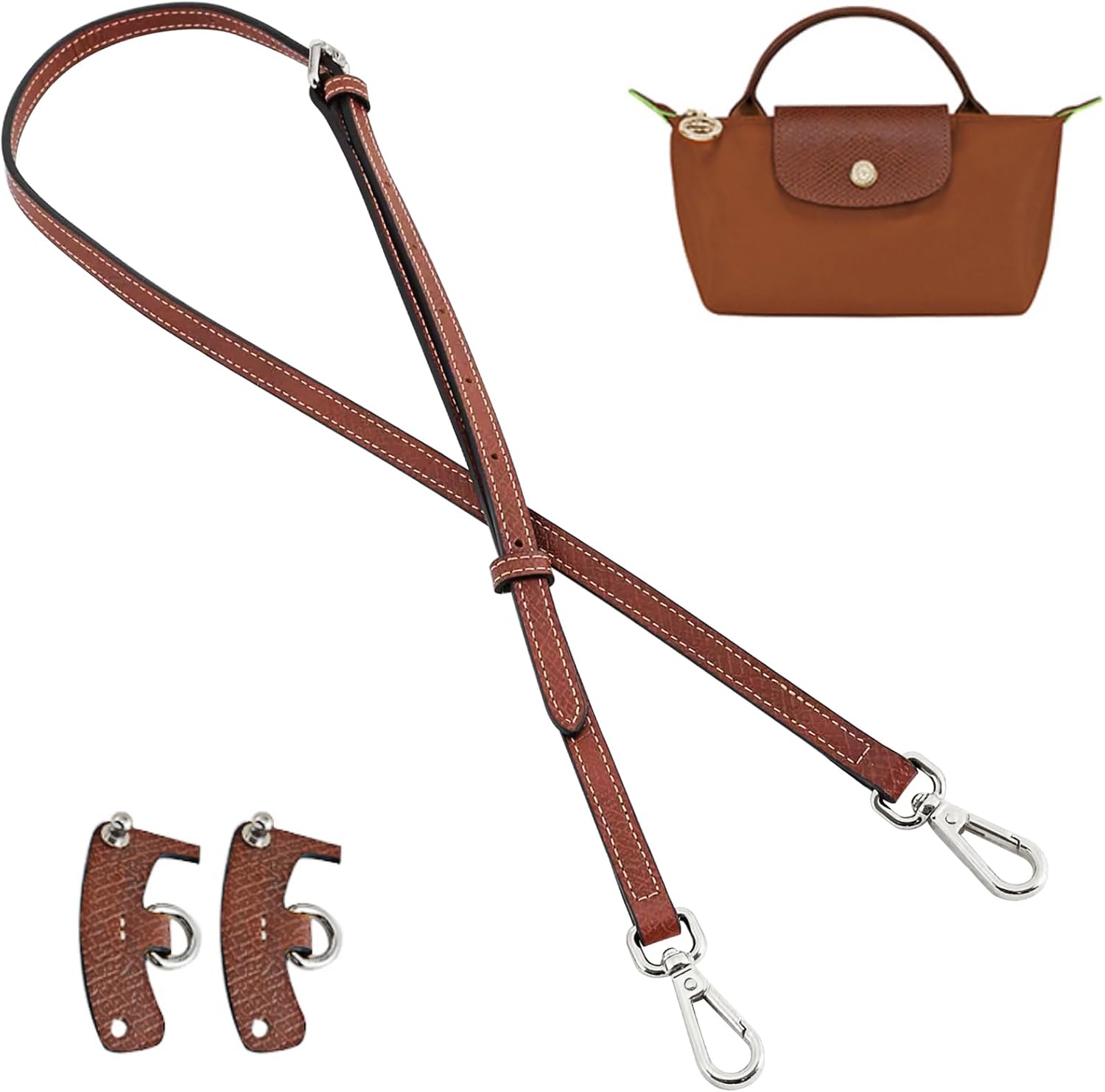 Jiesinlov Leather Bag Shoulder Strap Replacement Crossbody Adjustable Conversion Kit Fit for Mini Pouch BROWN-SILVER