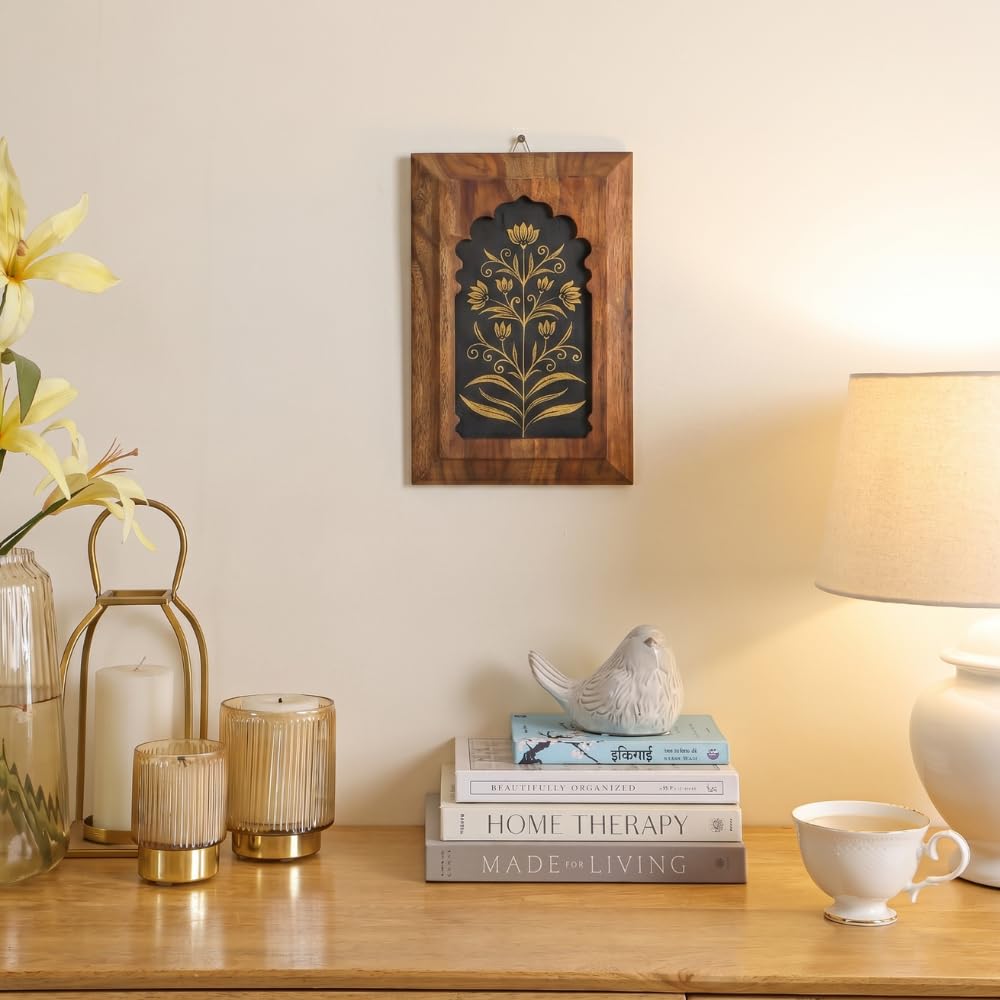 Mirai woods Ayana Handpainted Traditional Jharokha Wooden Wall Art – Premium Sheesham Wood Floral Wall Decor Panel (8 x 12 Inches)-image-1