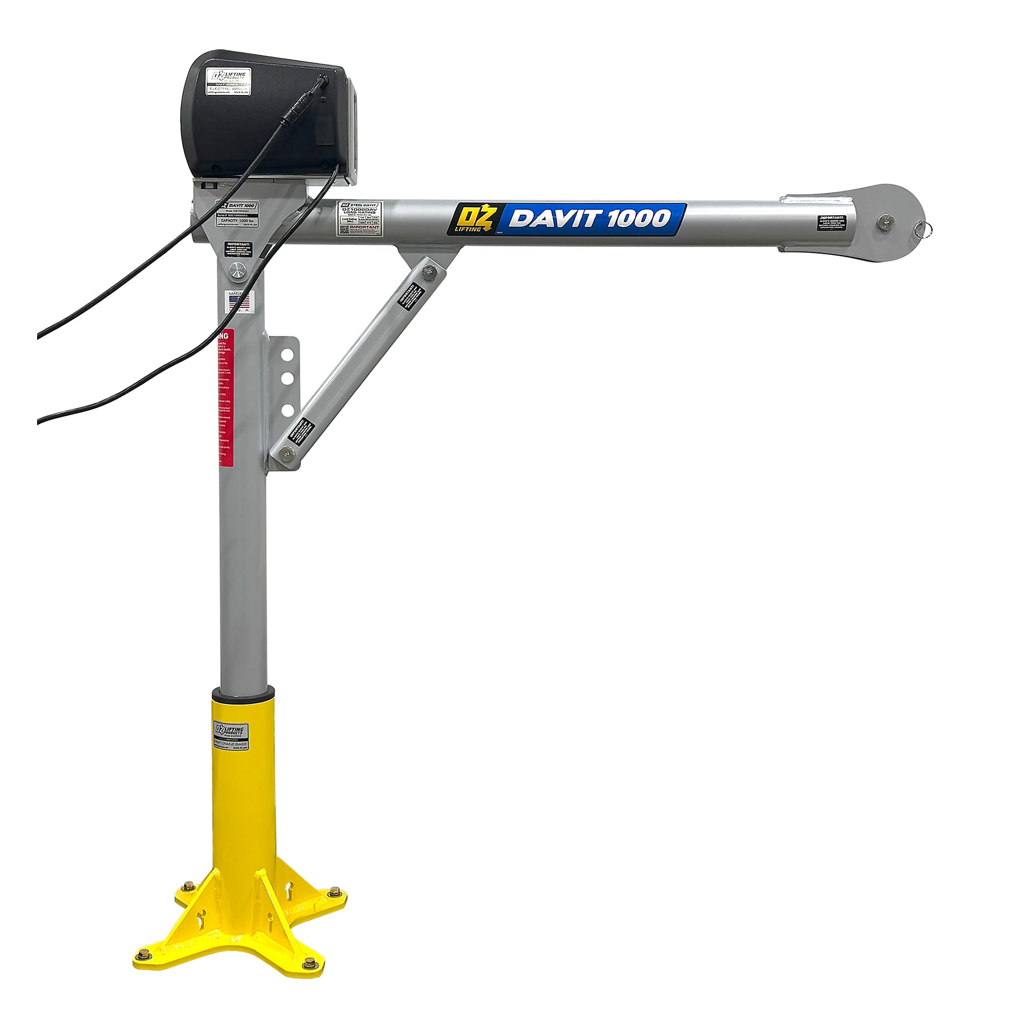 Davit 1000 Davit Crane with 110V AC Winch by OZ Lifting Products – 47"L x 20"W x 9"H, Carbon Steel, Zinc Plated, Model 4392064