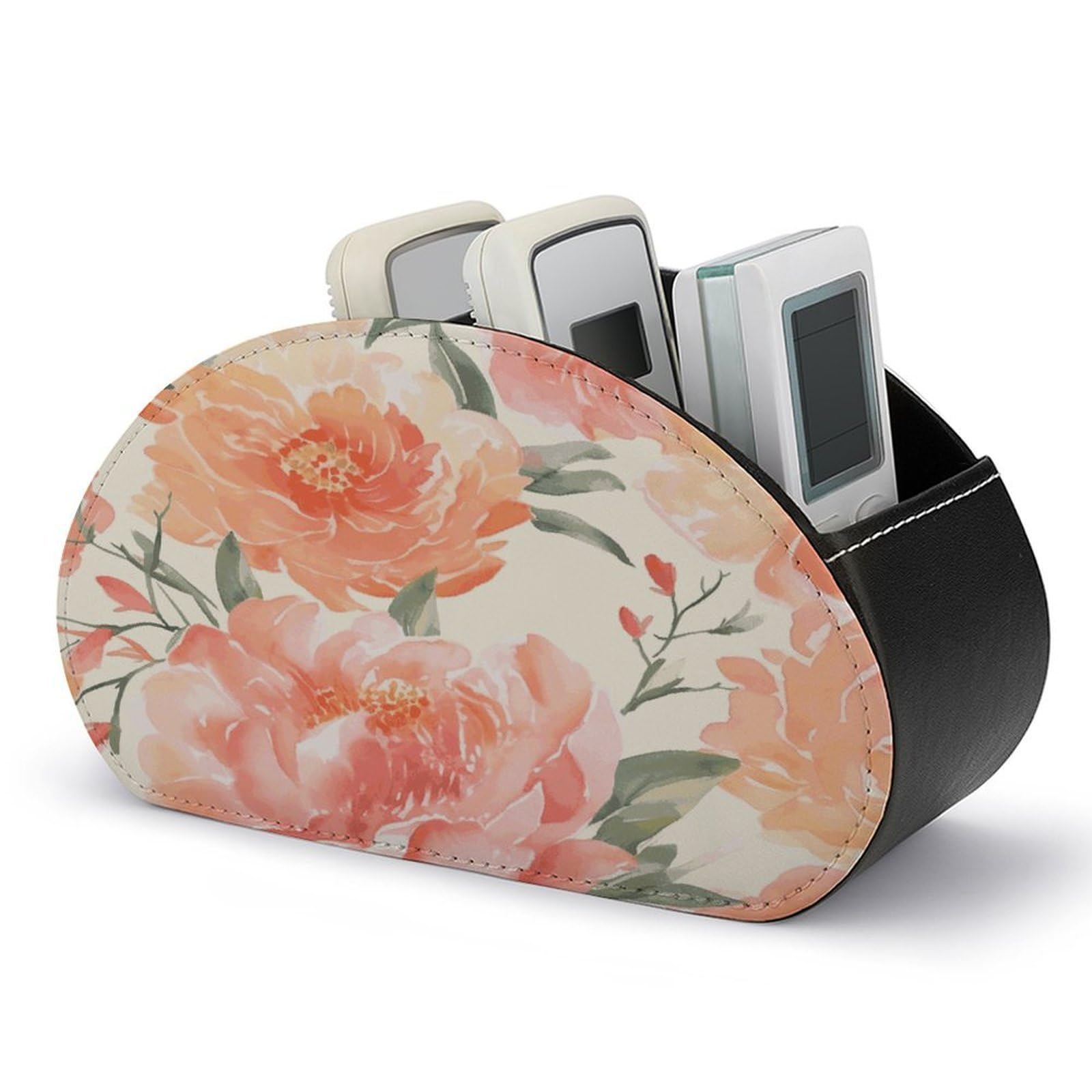 FekiLoot Peach Peony TV Remote Control Holder with 5 Compartments Multi-functional Leather Bedside Table Remote Caddy Desktop Storage Box for Store Pen Controller Media Player Cosmetic