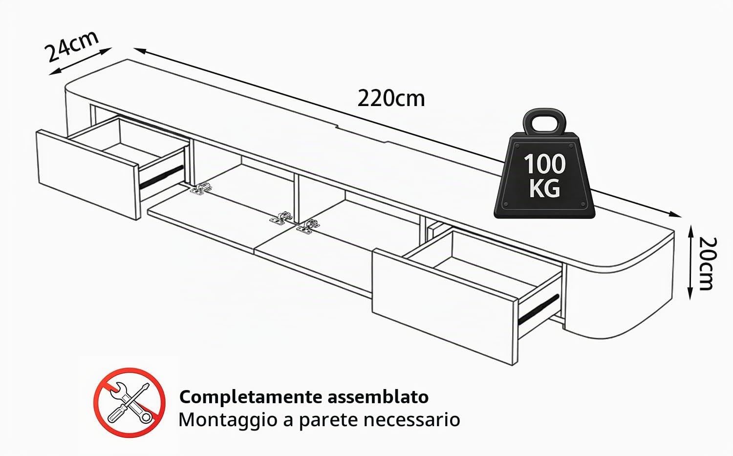Mobile TV Sospeso Moderna | Consolle Multimediale da Parete | Grande Mobile TV con Spazio di Archiviazione per Soggiorno e Ufficio (Bianco, 220cm)