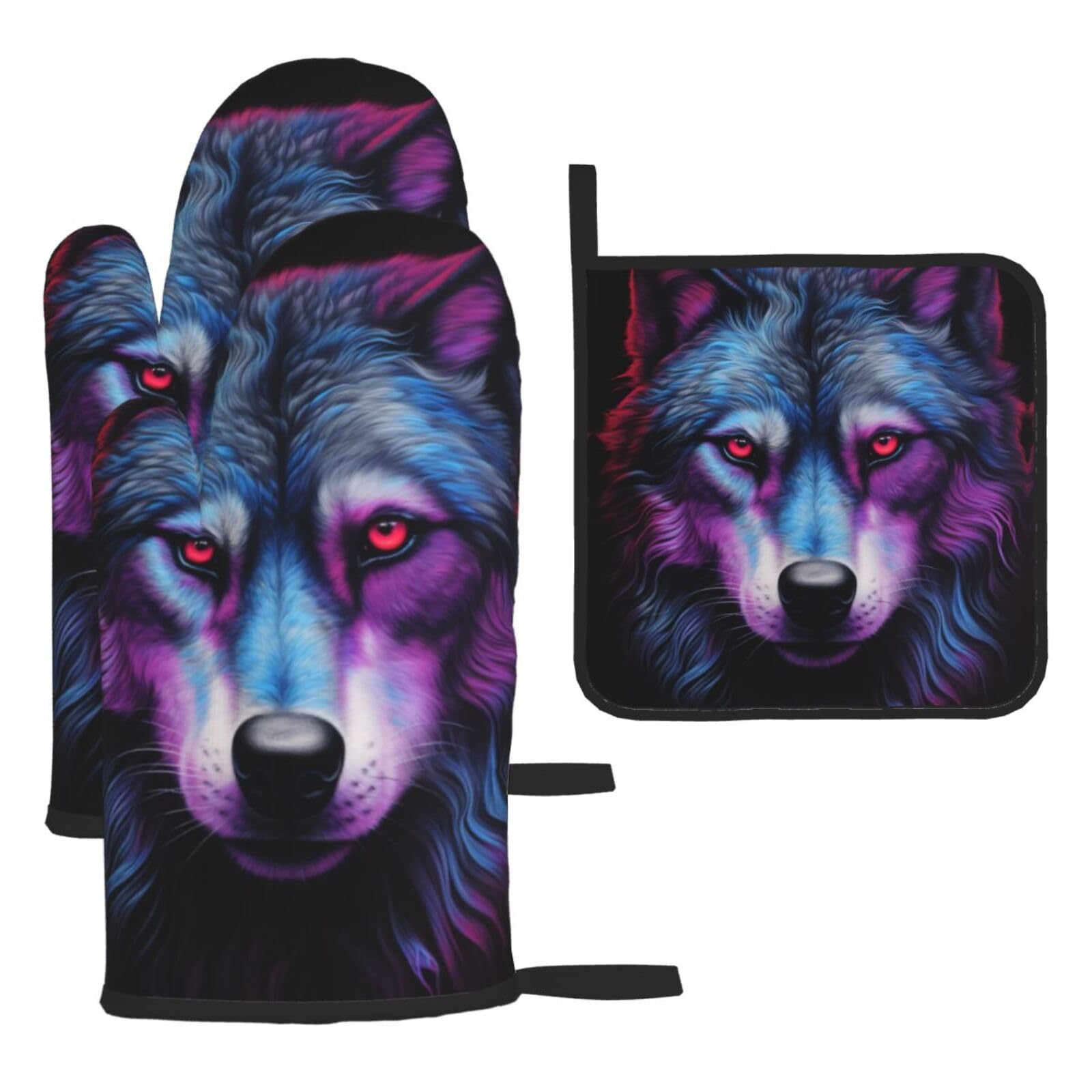 Purple and blue wolves Oven mittens and oven mitts three-piece set suitable for oven, grilling, baking, microwave and home cooking.