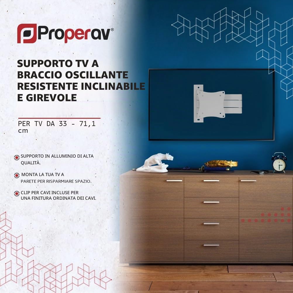 ProperAV Supporto da parete per TV da 13", 19", 22", 23", 24", 28", inclinabile 70°, VESA max 100x100, colore: Bianco
