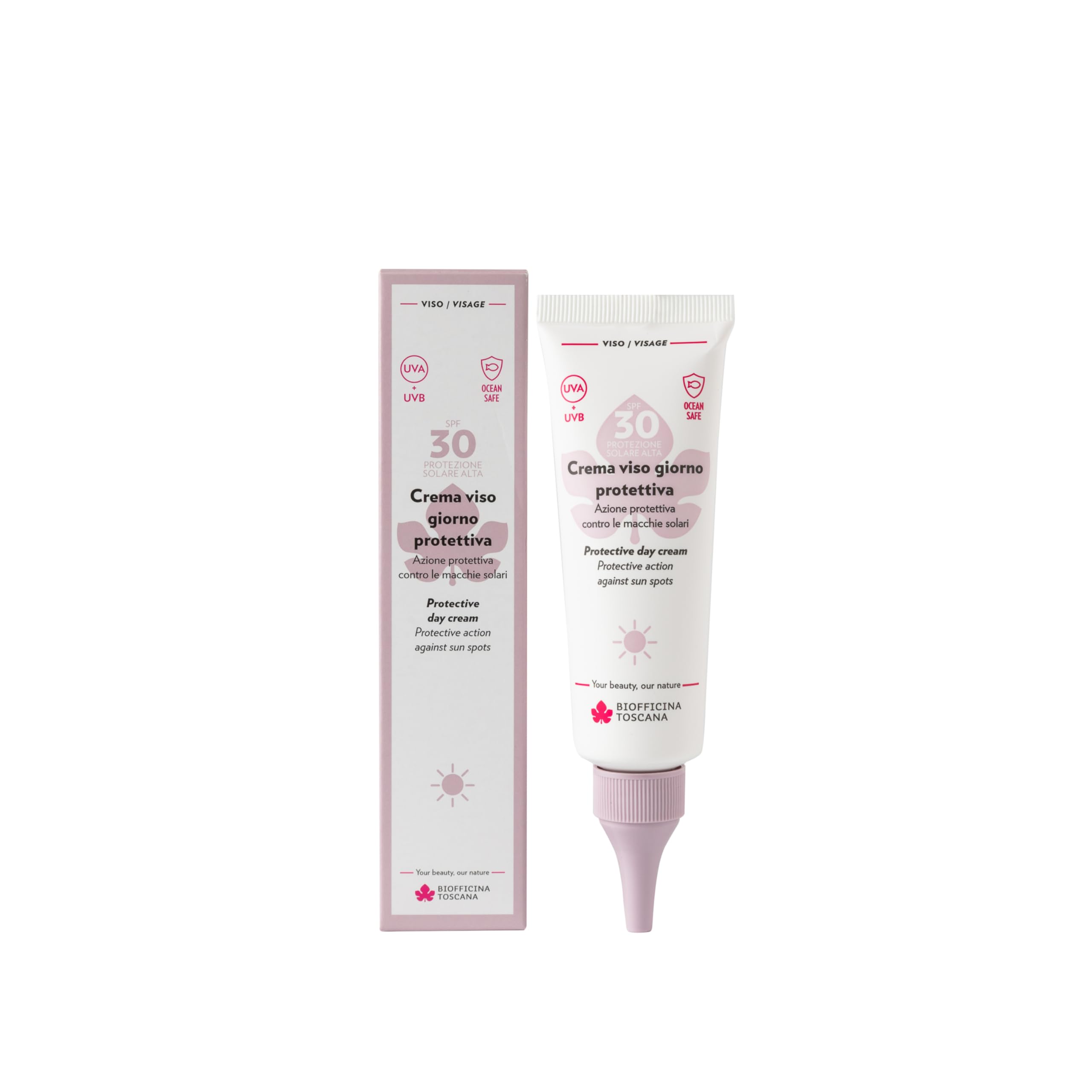 Biofficina Toscana Crema viso giorno protettiva SPF30, 50ml – Crema solare viso idratante con filtri solari – Con Rubiox® 2.0, vitamina C e frutti rossi bio toscani – Ideale come base make-​up