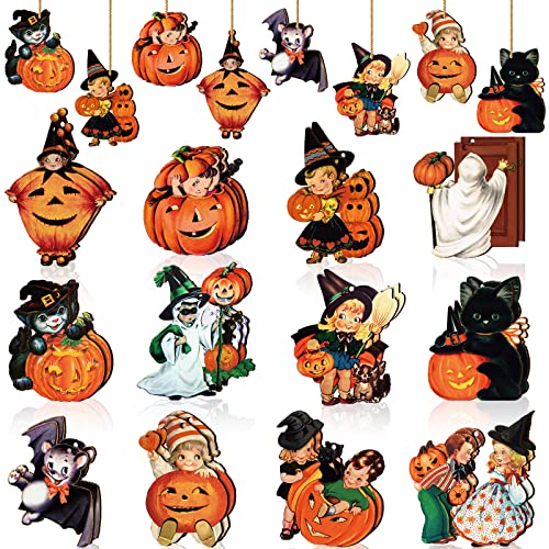 Image of Geelin 24 Pcs Vintage Halloween Wooden Ornaments | Pumpkin Witch Ghost Black Cat Wood Cutout, Retro Halloween Decorations, for Tree Home Mantel Wreath Party Decor