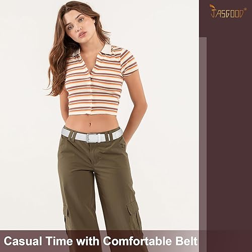 Miniatura 2 de JASGOOD Cinturón elástico tejido trenzado para mujer, cinturón casual de tela de golf para pantalones vaqueros