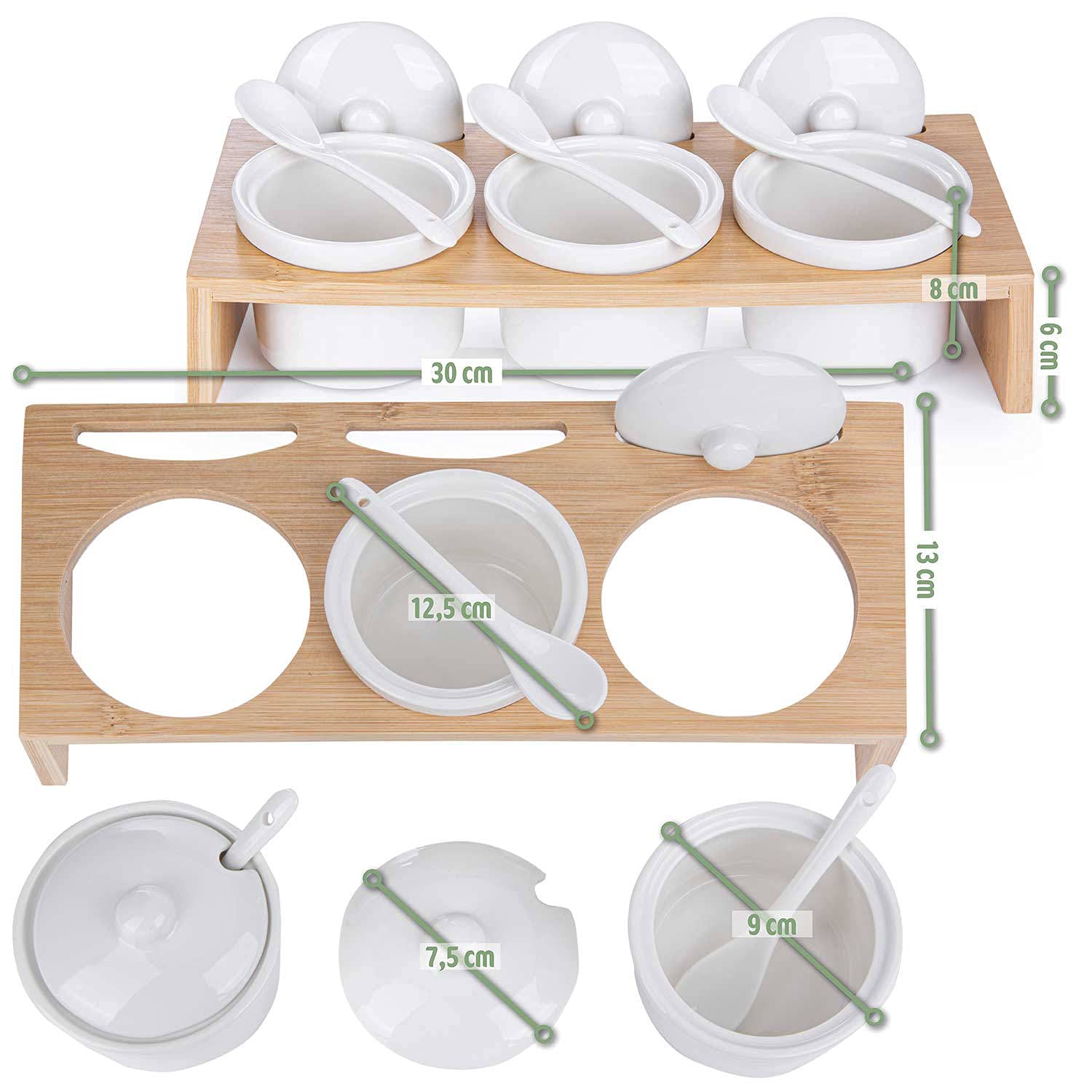 GOODS+GADGETS Servierschalen Set aus Porzellan-Schalen mit Löffeln und Deckeln; 3 Schälchen im Servier-Tablett & Servierbrett-chen als Gewürzbehälter für Snacks, Öle, Salz, Gewürze, Chili & Dressing
