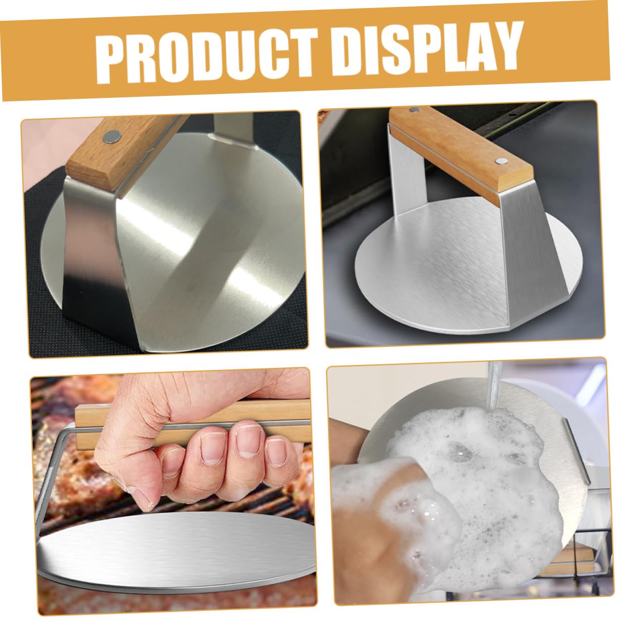 Gatuida Prensa Hamburguesas Acero Inoxidable con Mango Ergonómico de Madera para Cocina Aplastador Manual de Carne Redondo Fácil Limpieza y Uso Seguro