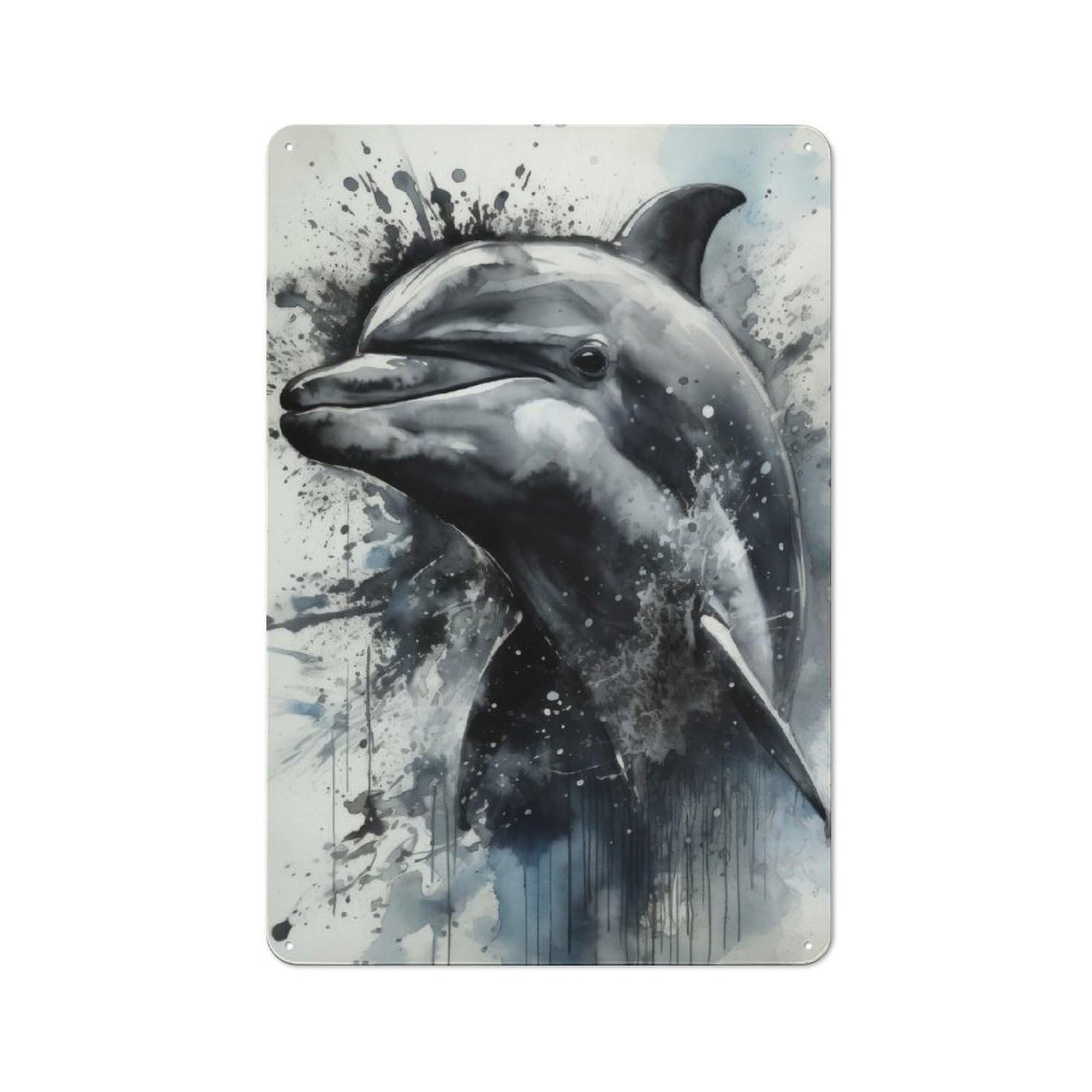 Junmoney Dolphin Beauty Black Ink 30X20cm Rustic Metal Sign With For Hobby Room Or Studio, Metal Sign Decor For Hobby Rooms And Studios