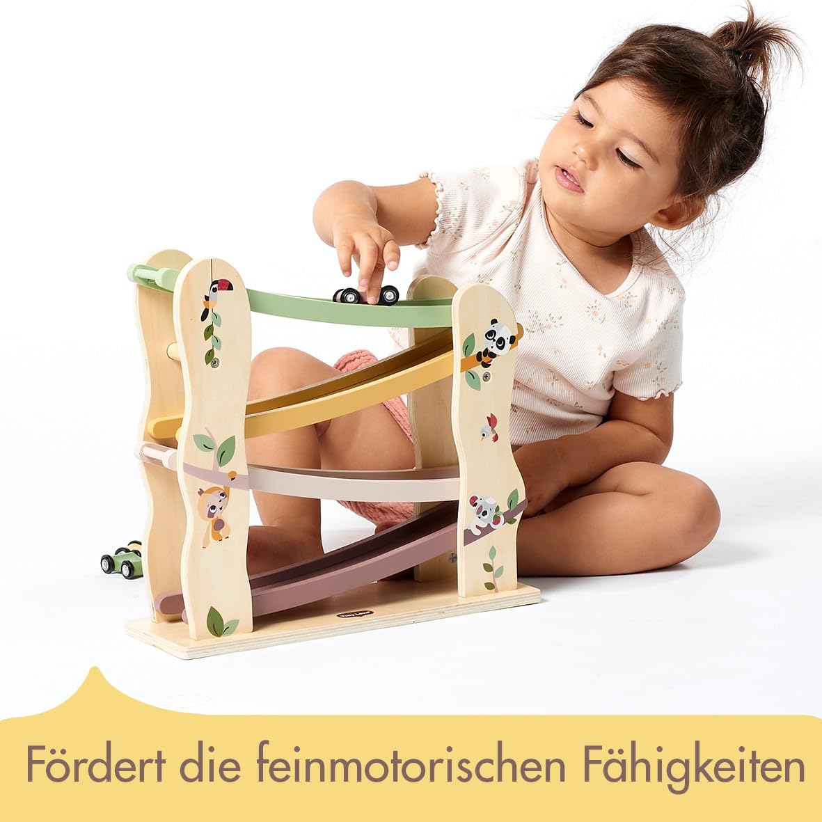 Tiny Love Spielzeug Holz-Rennwagen Rampe, Autorennbahn Holz mit 4 leichtgängigen Holzrennautos, feinmotorische Fähigkeiten, kognitive Entwicklung, natürliches Design, 18+ Monate, Boho Chic