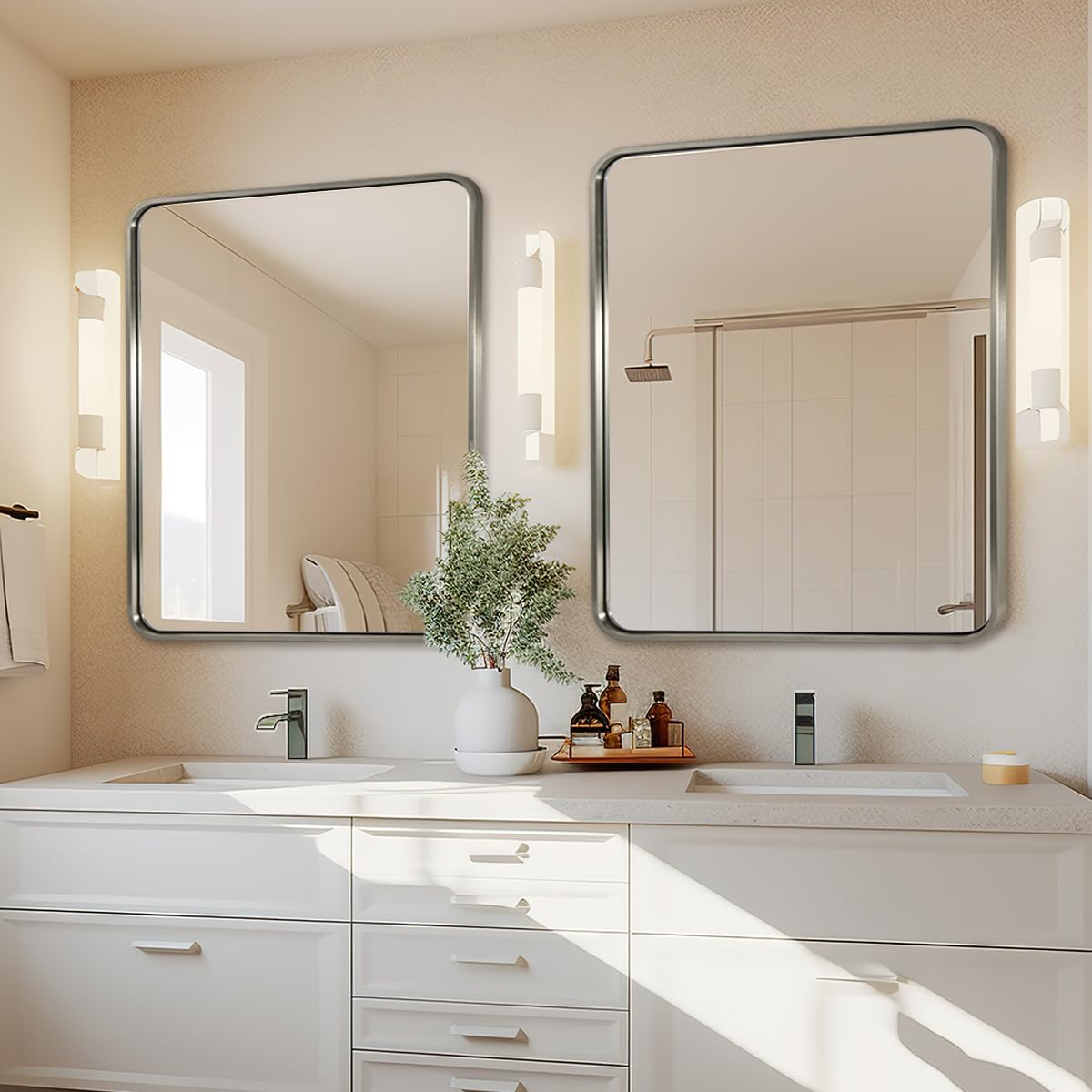 ANDY STAR 40x36 Inch Chrome Bathroom Mirror, Chrome Vanity Mirror for Wall, Rounded Rectangle Mirror, Anti-Rust SUS304, Seamless Tube Metal Frame, 1’’ Deep Wall Mounted Vertically/Horizontal