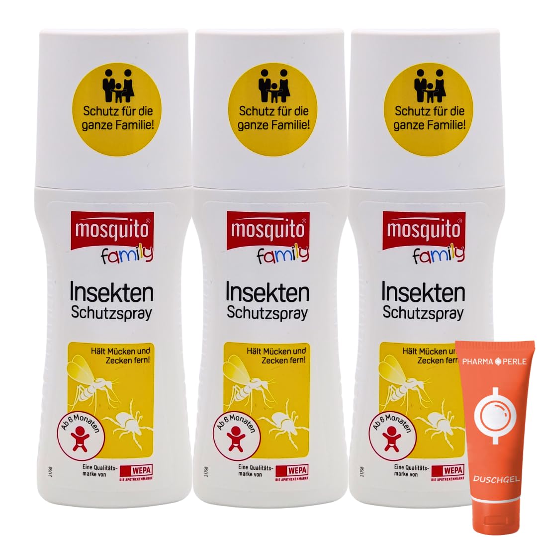 Mosquito Family Insekten-Schutzspray 3x 100 ml I bis zu 6 Stunden Schutz vor Mücken, Bremsen, Zecken I Mückenspray I für Kinder ab 6 Monaten I Outdoor-Schutz I Spar-Set plus Pharma Perle give-away