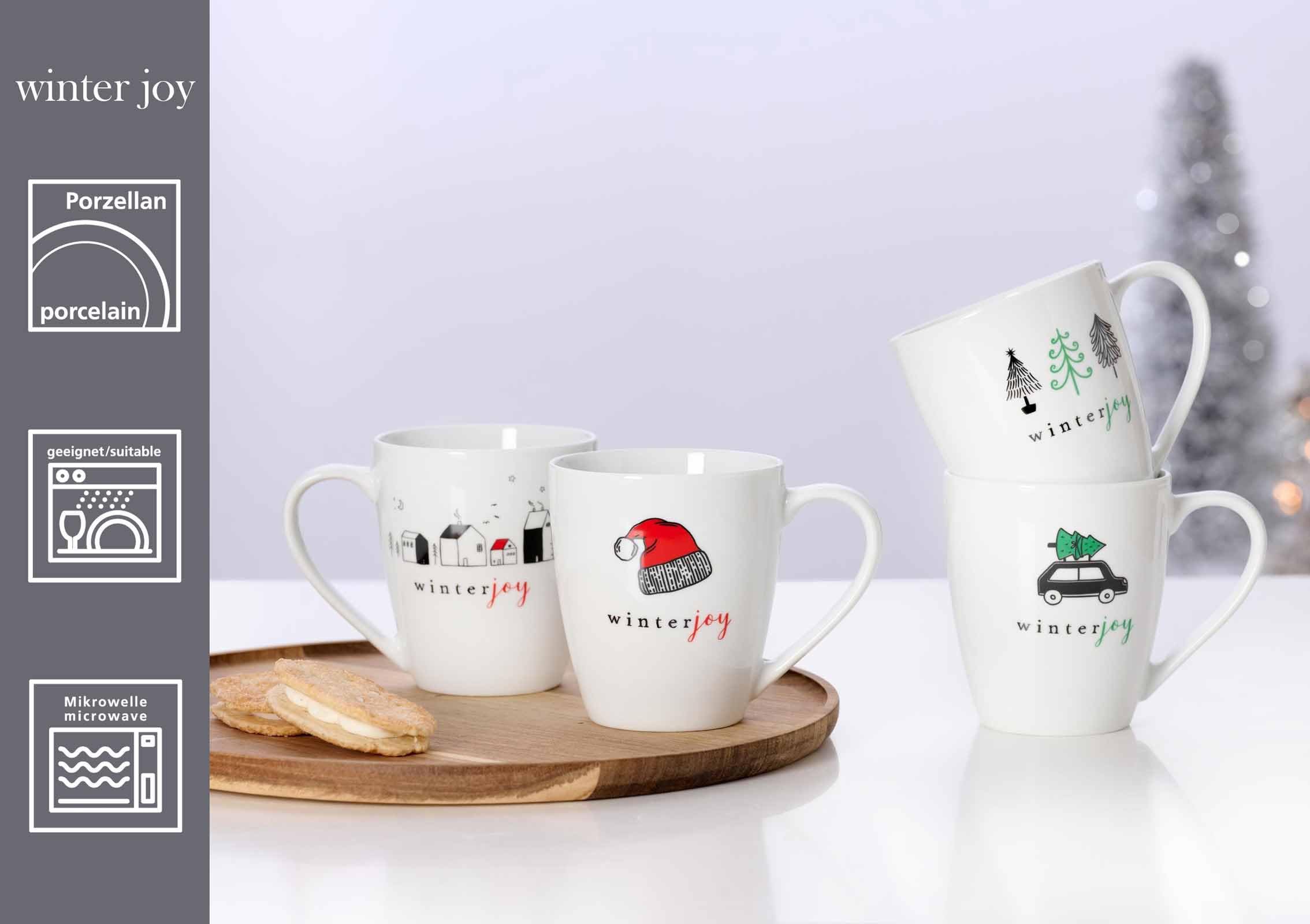 Ritzenhoff & Breker Winter Joy Green Henkelbecher-Set 6-teilig, Kaffeebecher 360 ml mit Winter- und Weihnachts-Motiven, Porzellan, Spülmaschinenfest & Mikrowellengeeignet