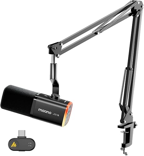 MAONO PD100WS - Micrófono inalámbrico para juegos para PC, micrófono USB de transmisión dinámica con cancelación de ruido de 3 niveles, RGB, botón