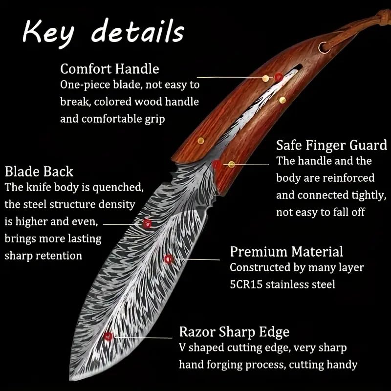 Image of Professional Butcher Knife Hand Forged Boning Knife with Sheath Viking Style, High Carbon Steel Japanese Chef Knife Chopping Knife for Kitchen (Feather Shape Knife)
