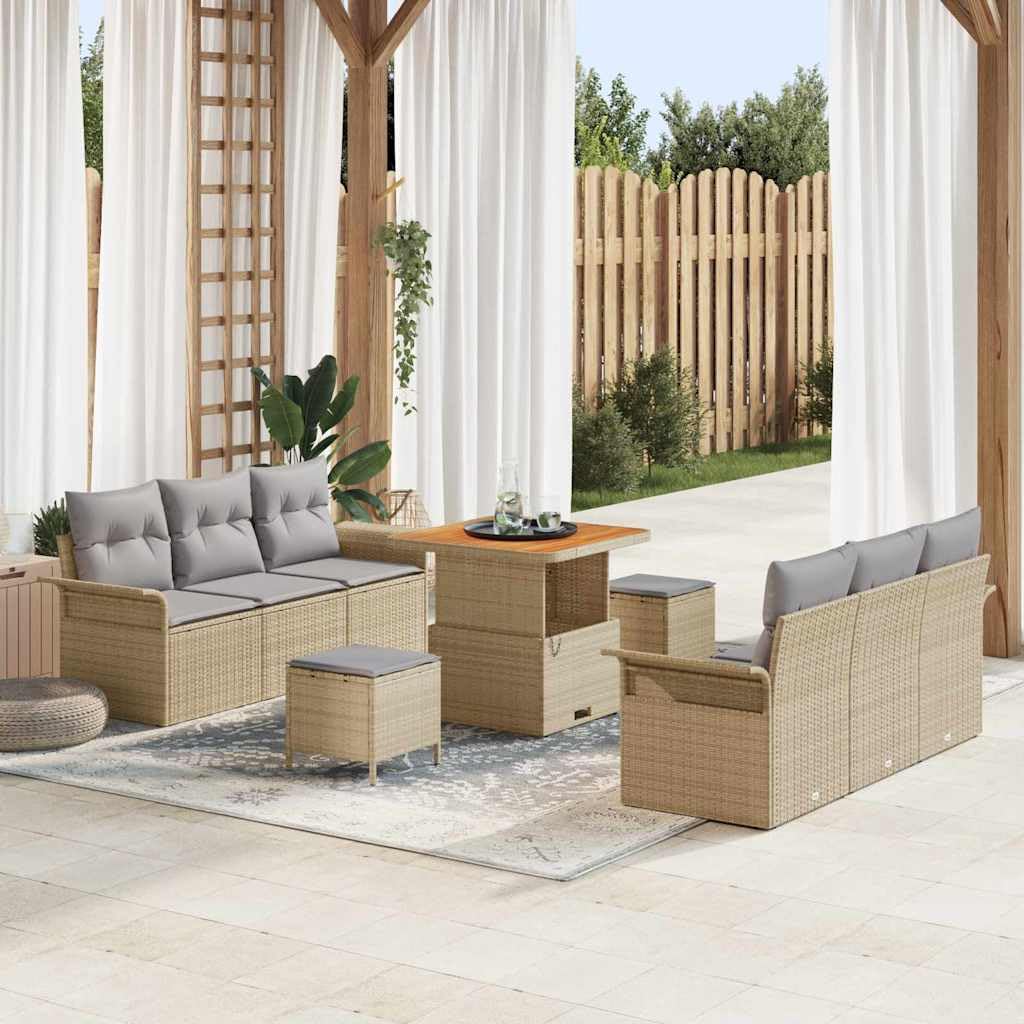 Set di mobili da giardino in polyrattan, 9 pezzi, beige e grigio