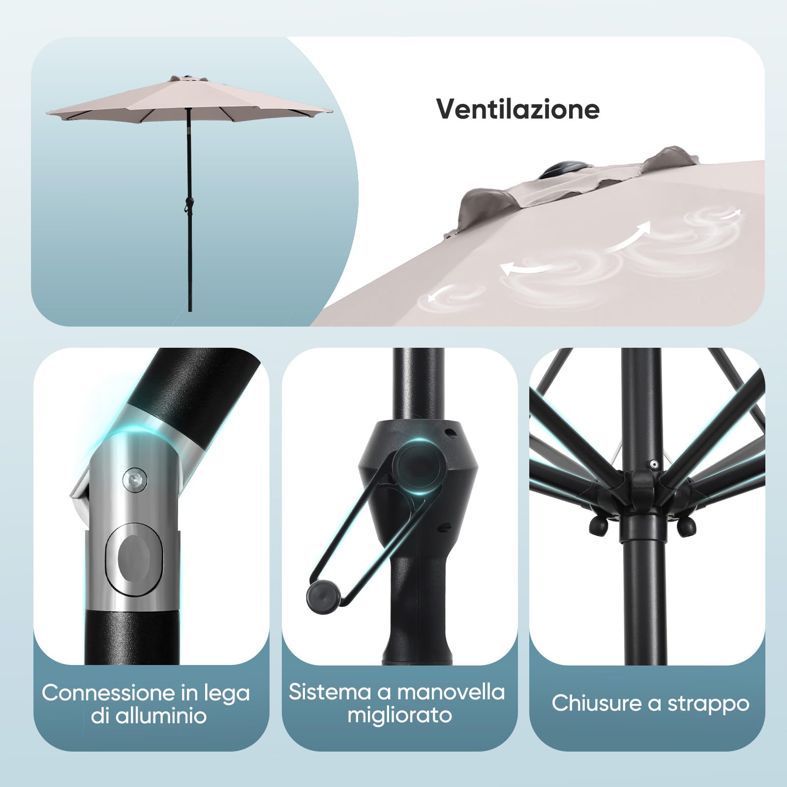 Sekey Ombrellone 300 cm con protezione UV50+, impermeabile, con manovella, ideale per giardino, balcone e terrazza