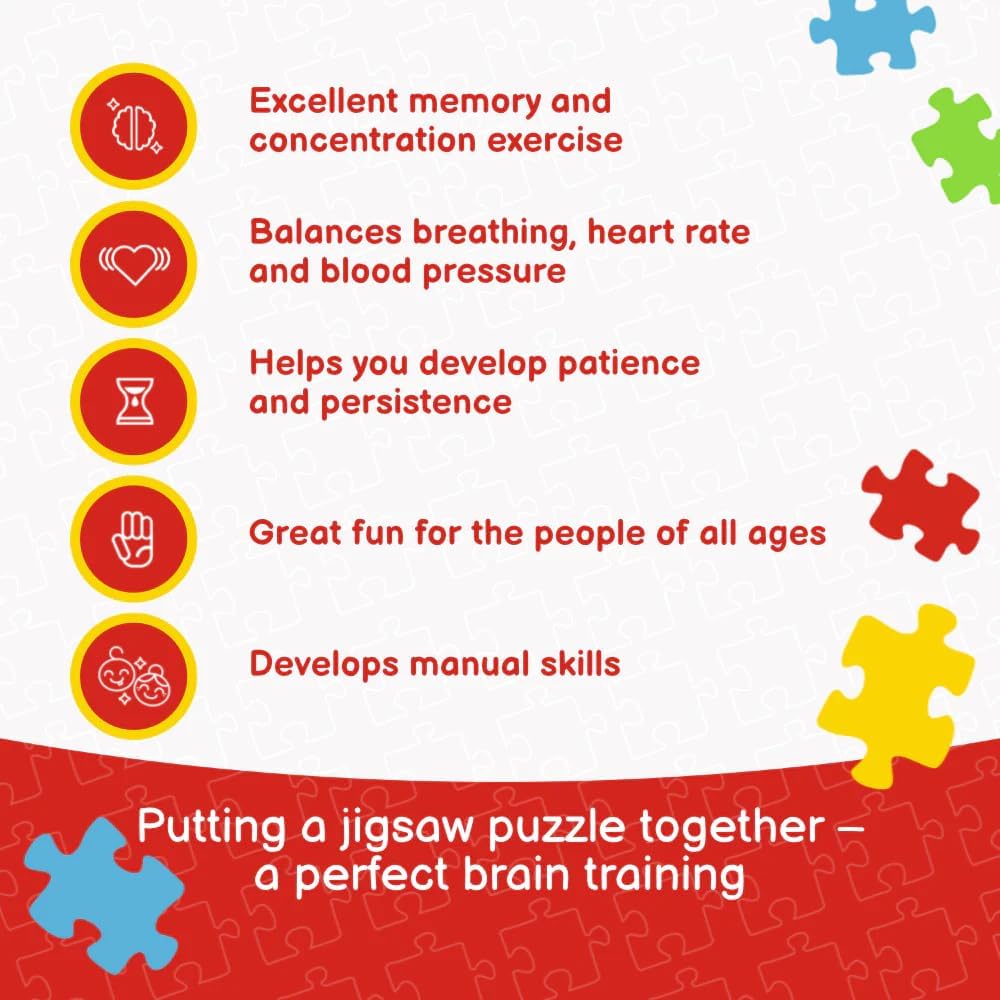 Infographic showing benefits of jigsaw puzzles: memory, concentration, patience, persistence, manual skills.