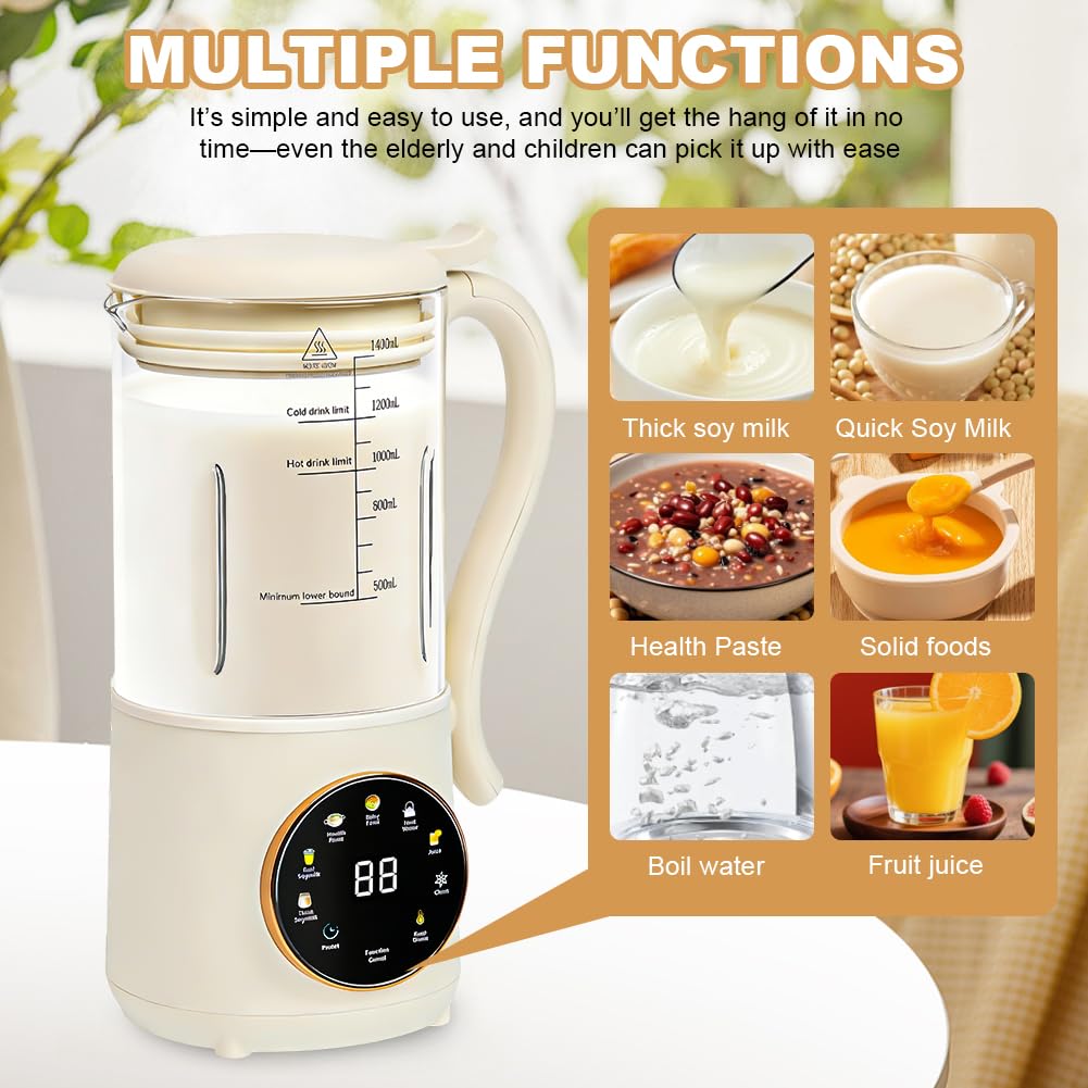 Macchina per latte di noci 1400 ml, macchina per latte d'avena con 16 lame e 9 funzioni, display LED, macchina per latte di soia, funzione di mantenimento in caldo per 4 ore e autopulizia