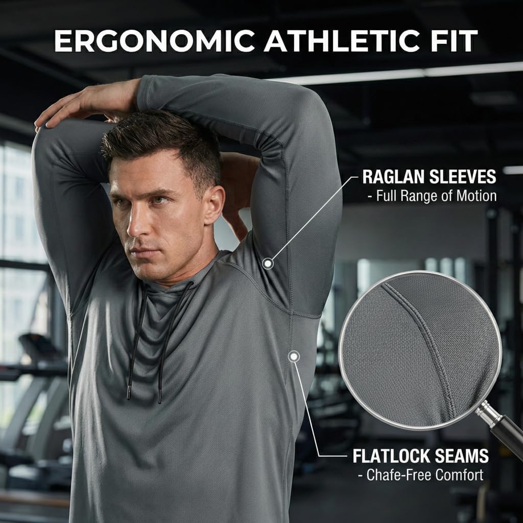 5-Pack Men's Workout Hoodies Long Sleeve 100% Polyester Lightweight Gym Pullover Shirts Quick Dry Regular Fit Tops