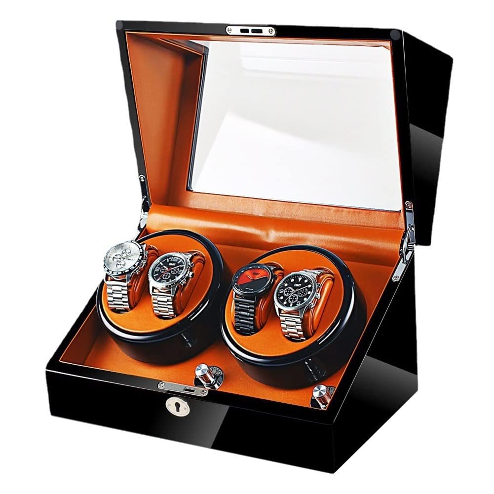 CGCSYZ 4 Watch Winder Box Automatic Watch Display Storage Rotation Wristwatch Box PU Leather With Quiet Motor For Men And Women Watches 5 Modes Rotation LED Light MDF And Piano Paint (Svart)